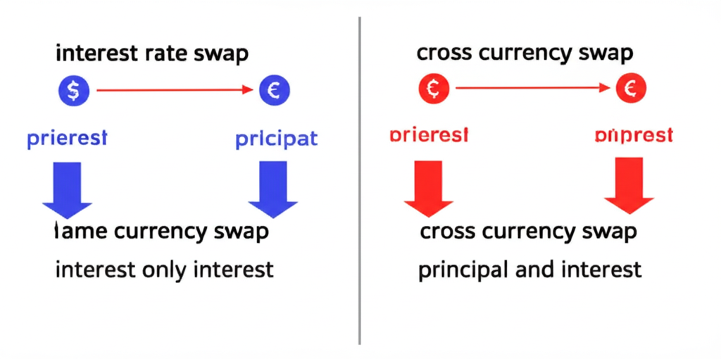 illustration comparing interest rate swap same currency interest only with cross currency swap two currencies principal and interest