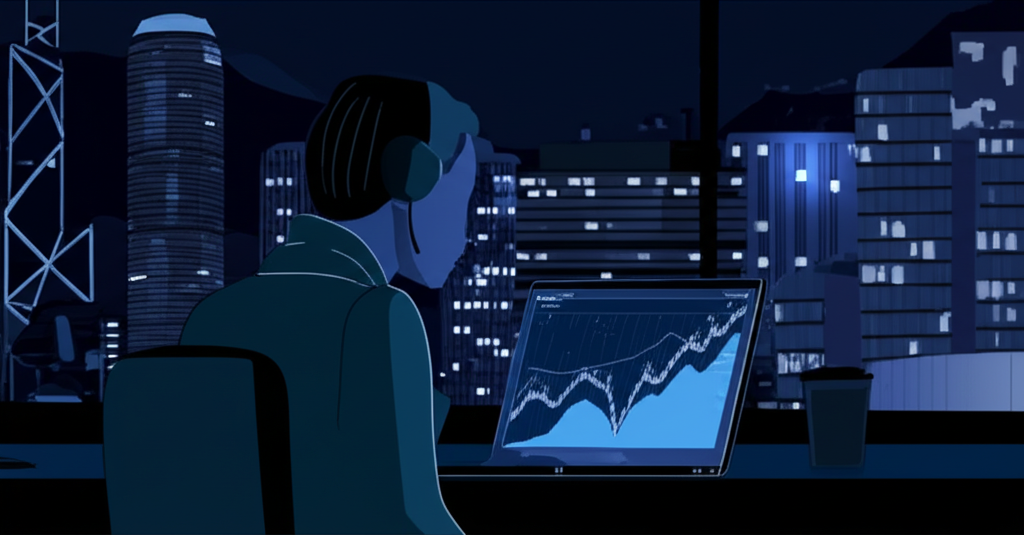 台灣或香港投資者在夜晚盯著電腦上的股市圖表,時鐘顯示晚上九點半,背景為燈火通明的城市景觀,象徵夏令時間的美股活躍交易