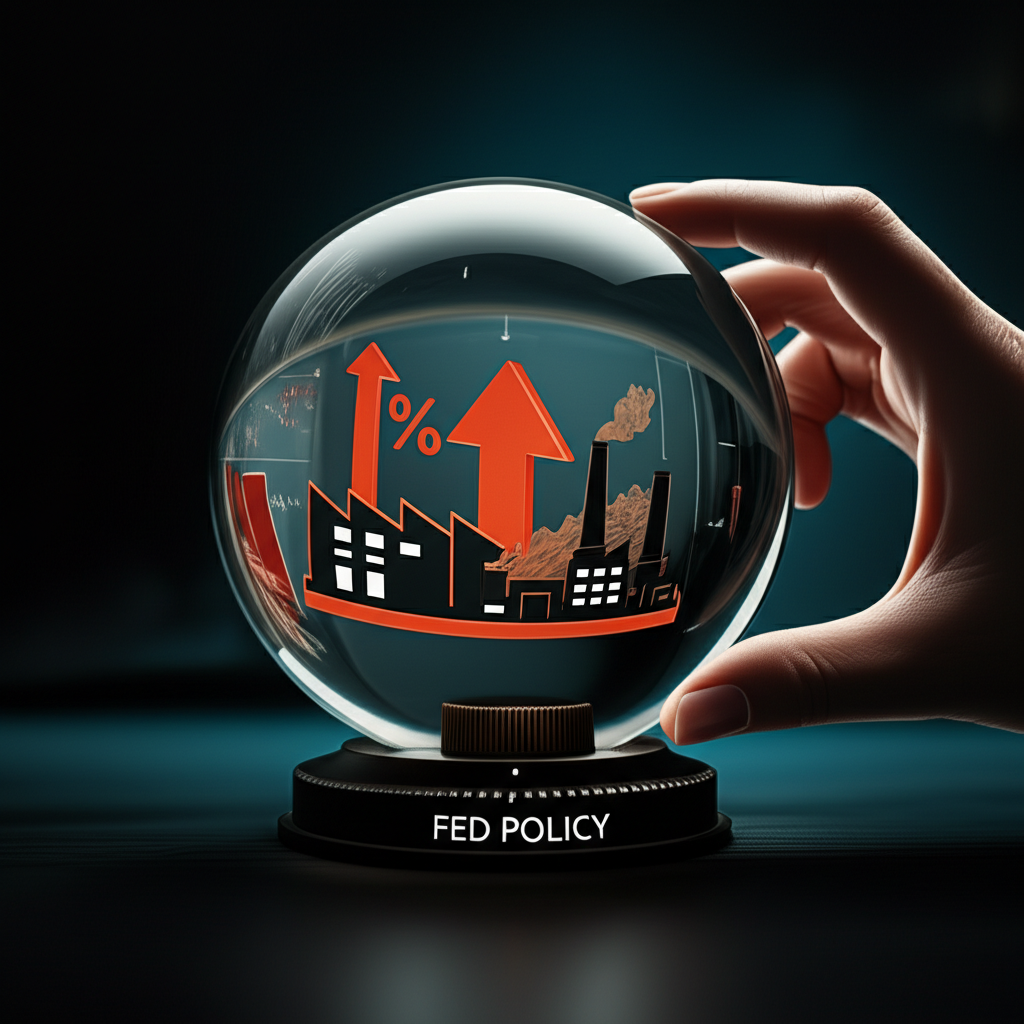 水晶球顯示經濟景觀、通膨符號與工廠圖示，手調Fed政策刻度盤，反映美債20年殖利率市場預期