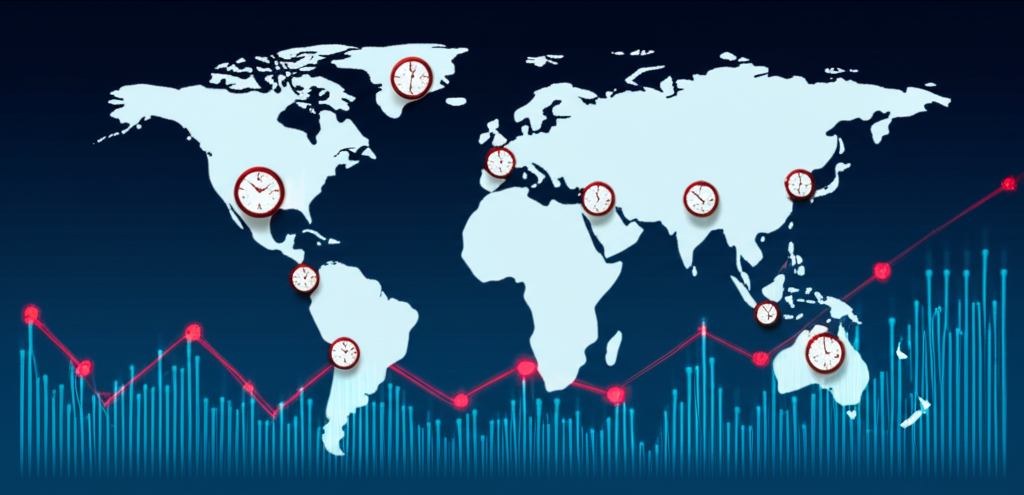 全球地圖顯示不同時區與股市圖表,代表國際投資者面對美股交易時間的複雜挑戰