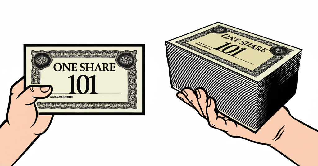 單一股股票憑證握於手中,對比另一手大束代表1000股的憑證,強調一股概念的差異
