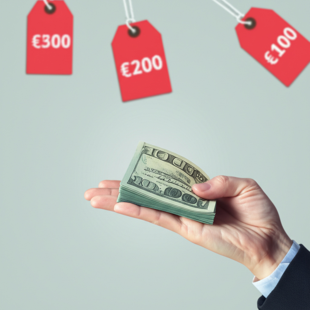 An illustration of a person holding shrinking money with rising price tags in the background depicting inflation and its impact on purchasing power