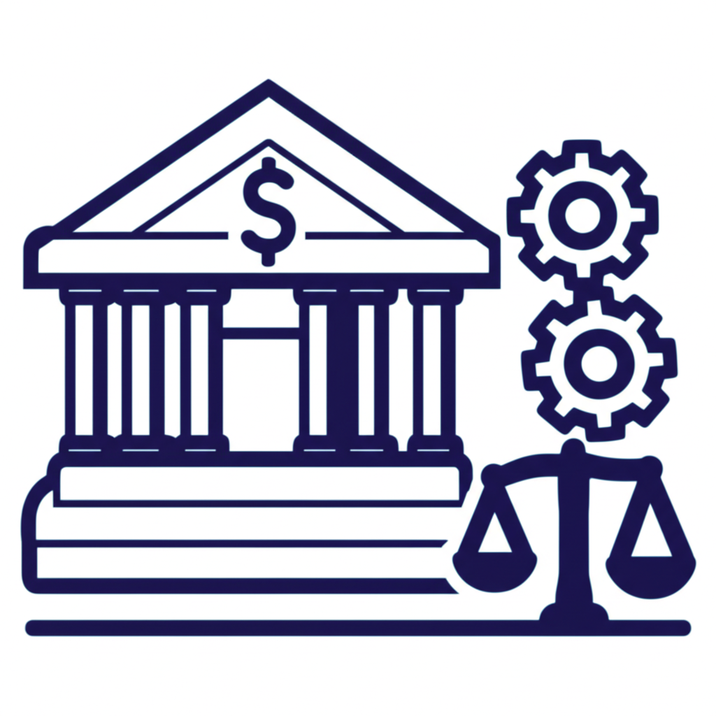 ภาพประกอบอาคารธนาคารกลางพร้อมเฟืองและตาชั่งที่สมดุล สื่อถึงนโยบายค่าเงินที่มั่นคง