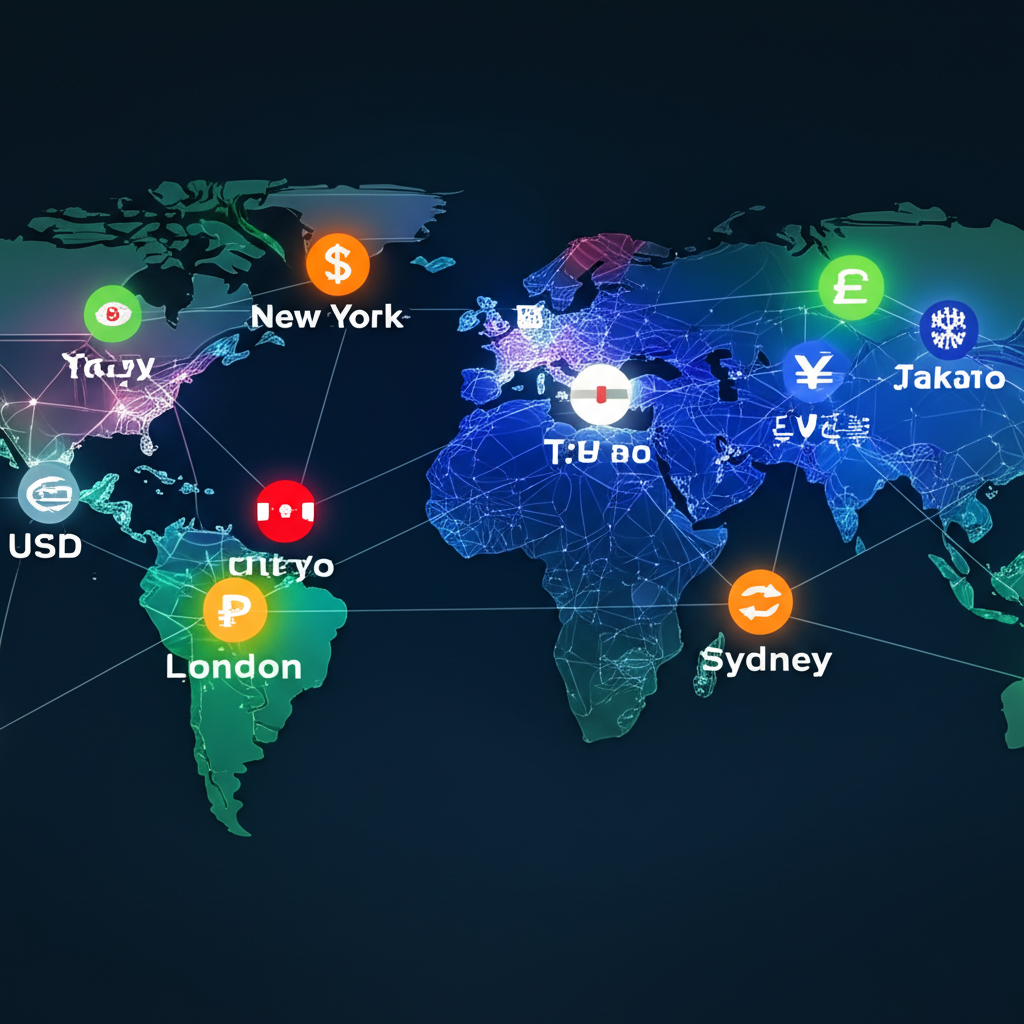 全球電子網絡連結紐約、倫敦、東京和雪梨等金融中心,貨幣交換符號在之間流動,代表全天候外匯場外市場的廣闊互聯景觀