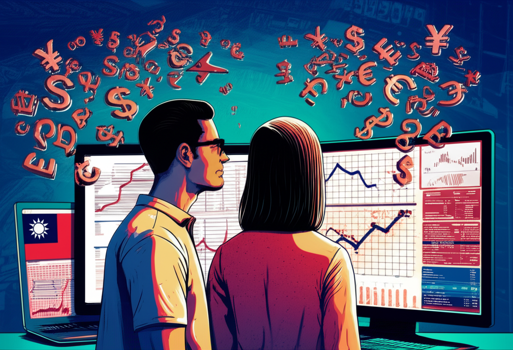 台灣與香港投資者觀察全球金融市場圖表,周圍浮現貨幣符號,象徵外匯交易的機會與風險,生動展現財富成長與警示元素