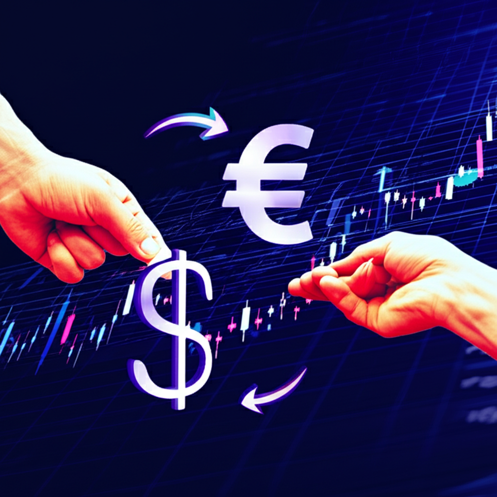 illustration of two hands exchanging different currency symbols with arrows showing money flow a complex financial derivative concept