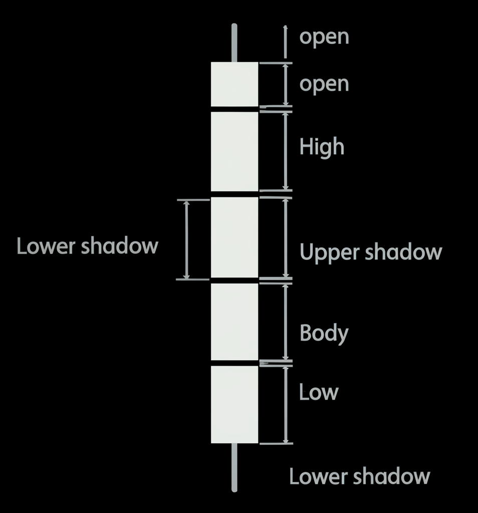 單根K棒標示開高低收、實體、上影線、下影線,詳細展示K棒結構的解剖圖