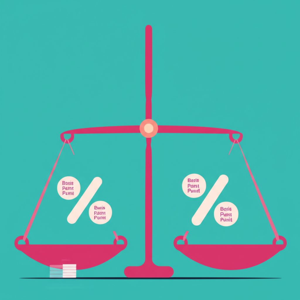 精準金融秤盤,將基點單位與較大百分比符號對比,強調測量利率與債券收益率的準確性