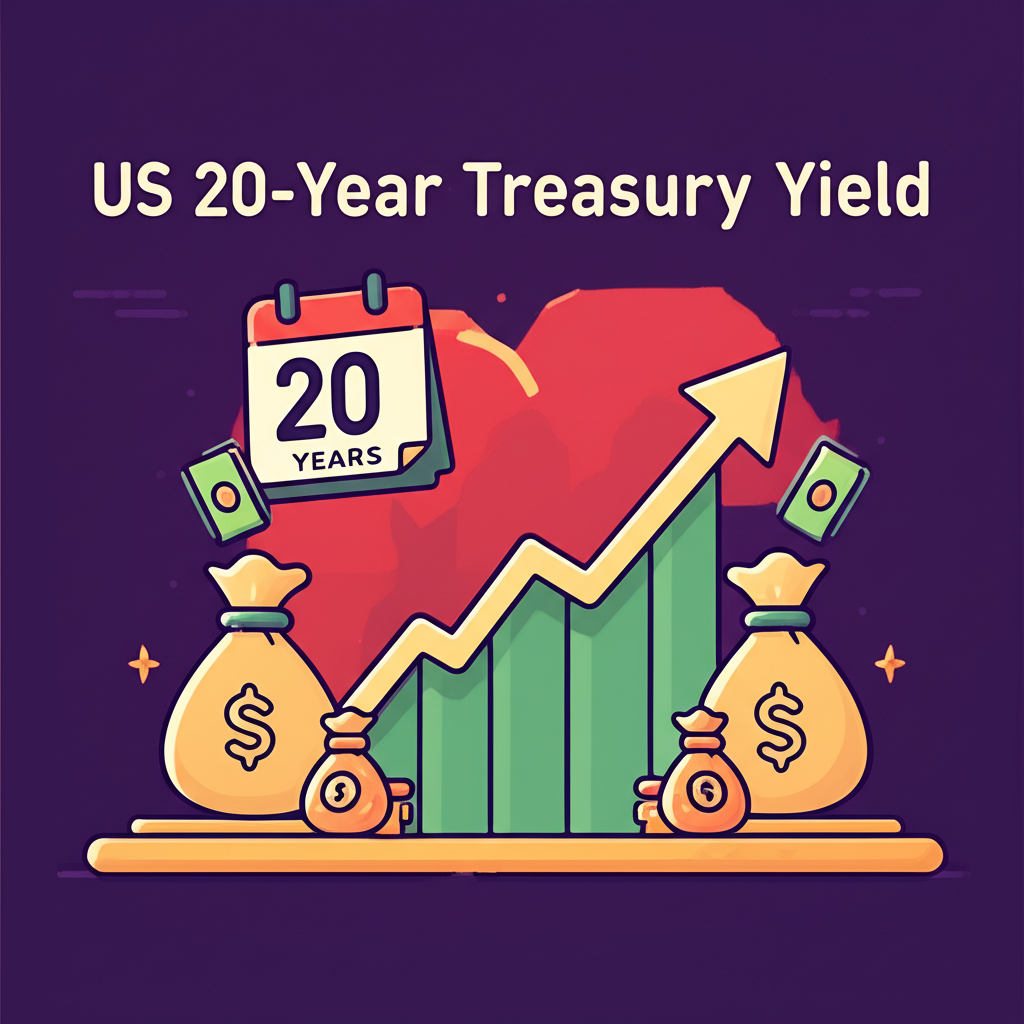 美債20年殖利率向上趨勢圖表，伴隨金錢袋和20年曆法圖示，象徵長期投資回報