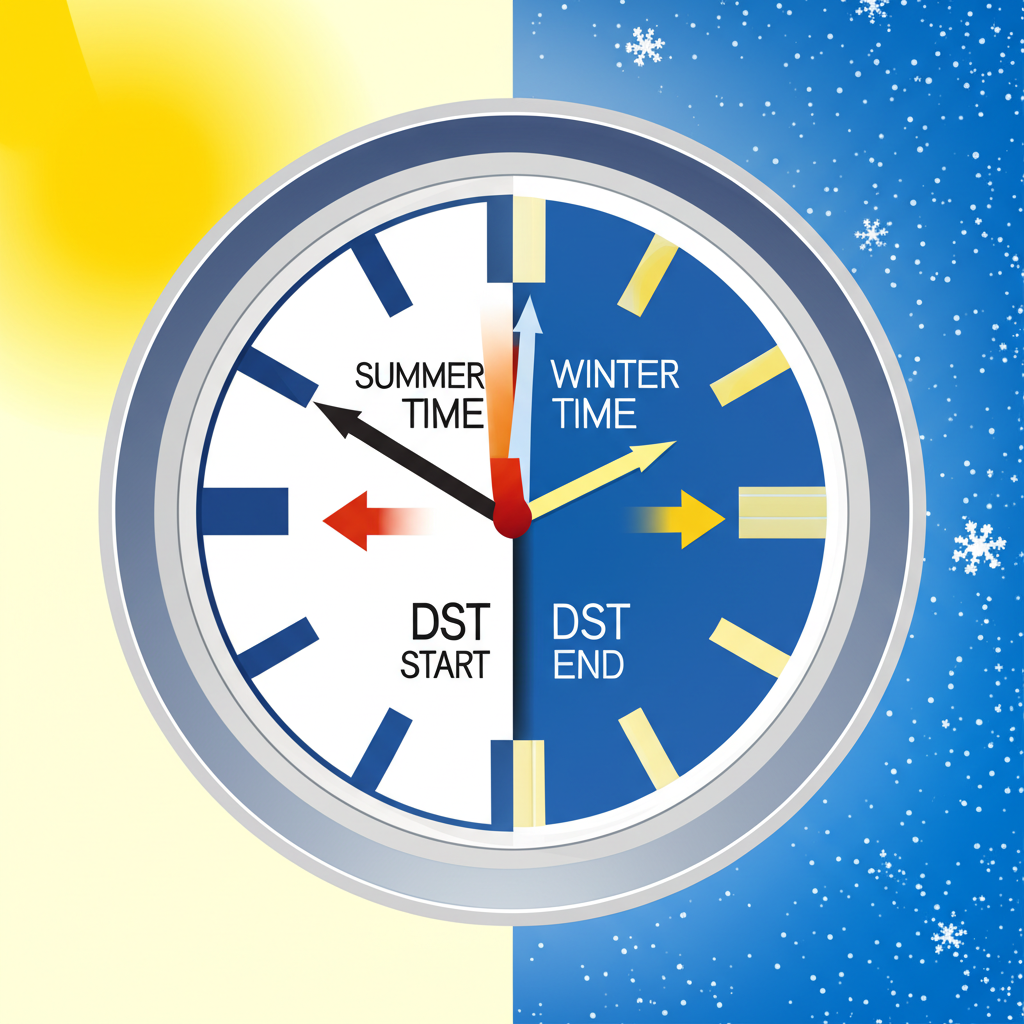 時鐘分為夏令與冬令兩半,箭頭標示日光節約時間轉換對美股交易時段的影響