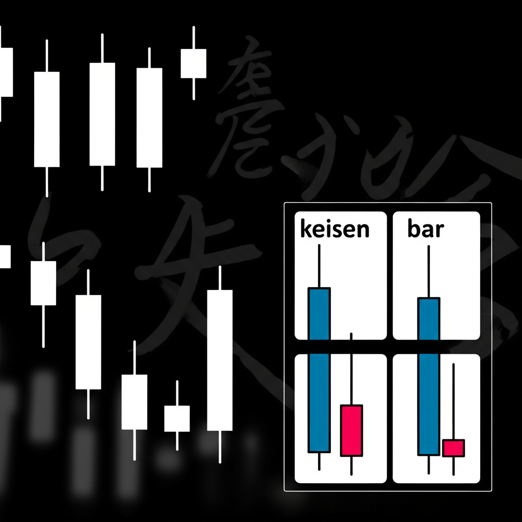K棒圖像蠟燭結構,背景微妙日本文字keisen,與柱狀圖比較視覺差異的教育插圖