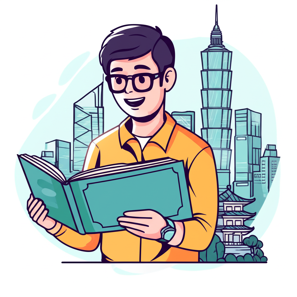 新手交易者手持外匯指南書籍,背景融入台灣與香港地標,學習市場運作與風險管理,呈現清晰的教育風格