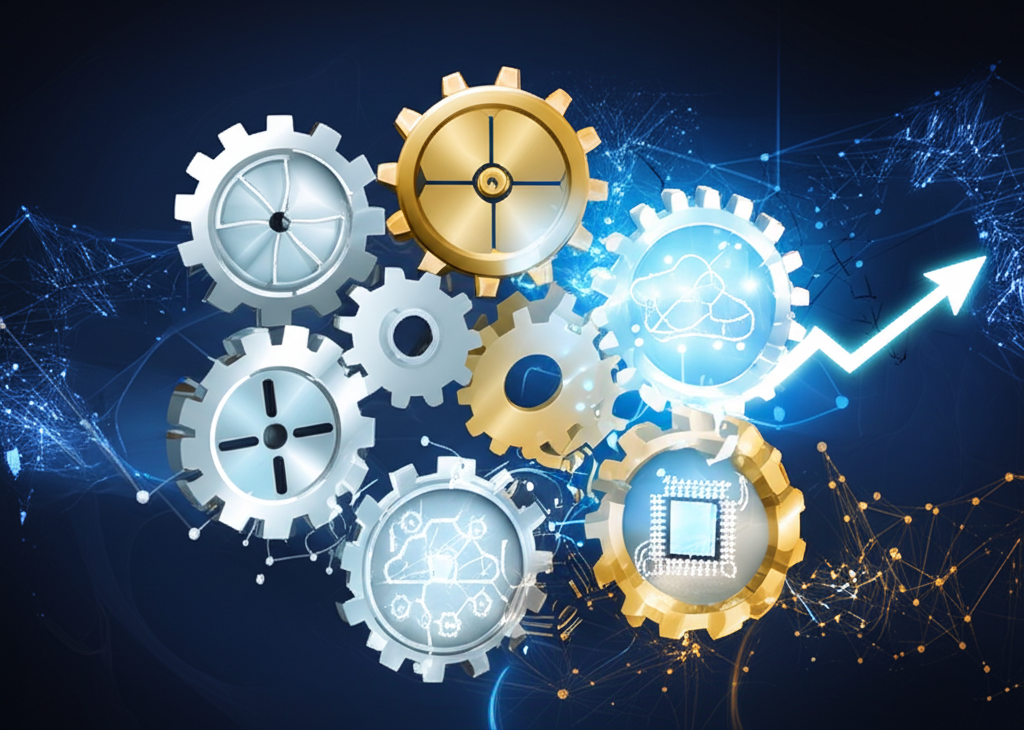 數位轉型核心要素互聯齒輪與策略藍圖插圖