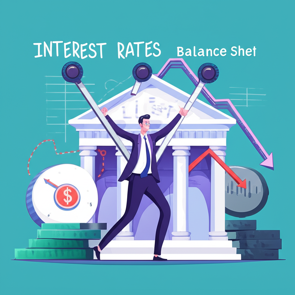 An illustration of a central banker raising interest rate levers and scaling back a giant balance sheet symbolizing monetary policy to curb inflation