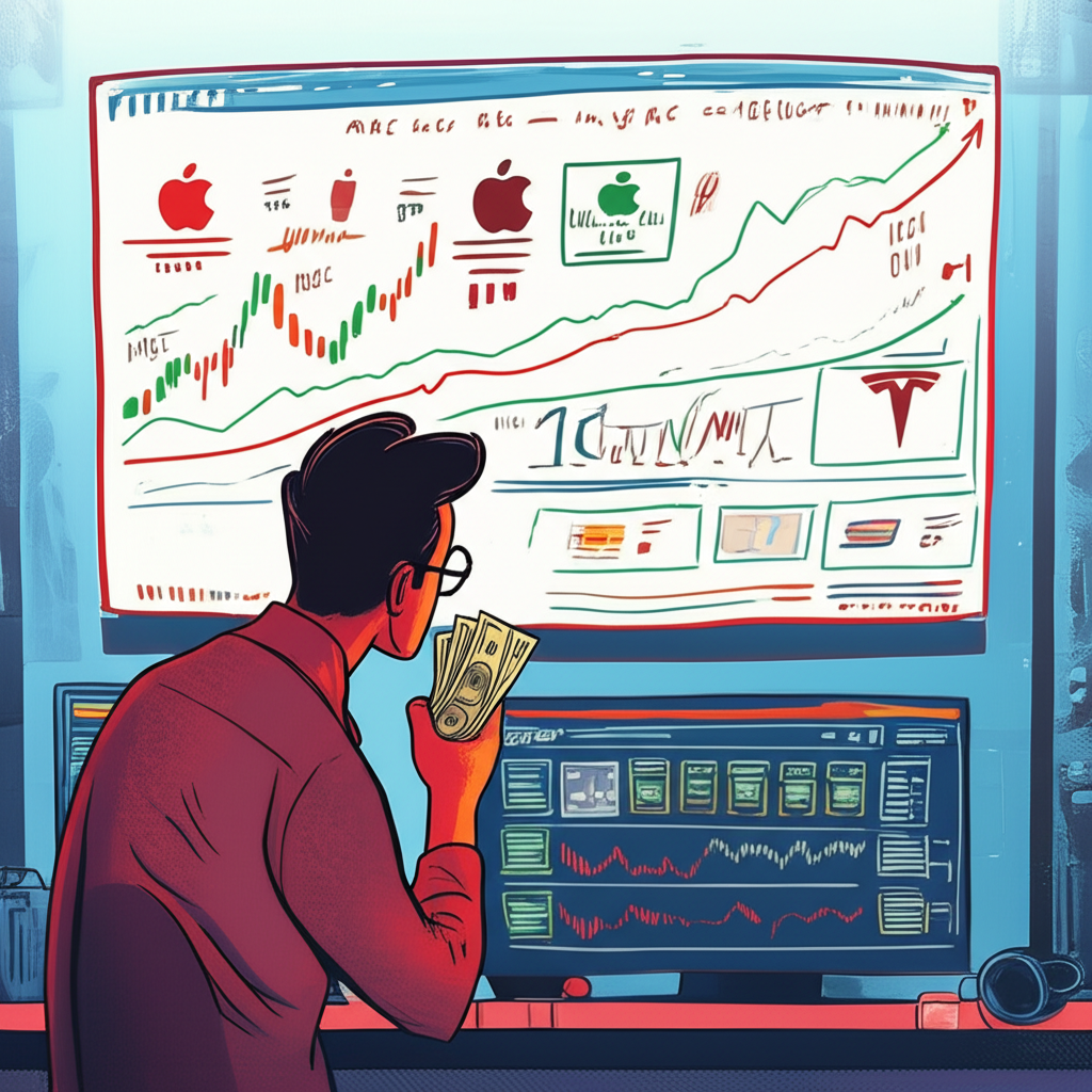 投資者手持少量資金注視美股市場圖表,蘋果與特斯拉等公司標誌環繞,傳達好奇與機會感