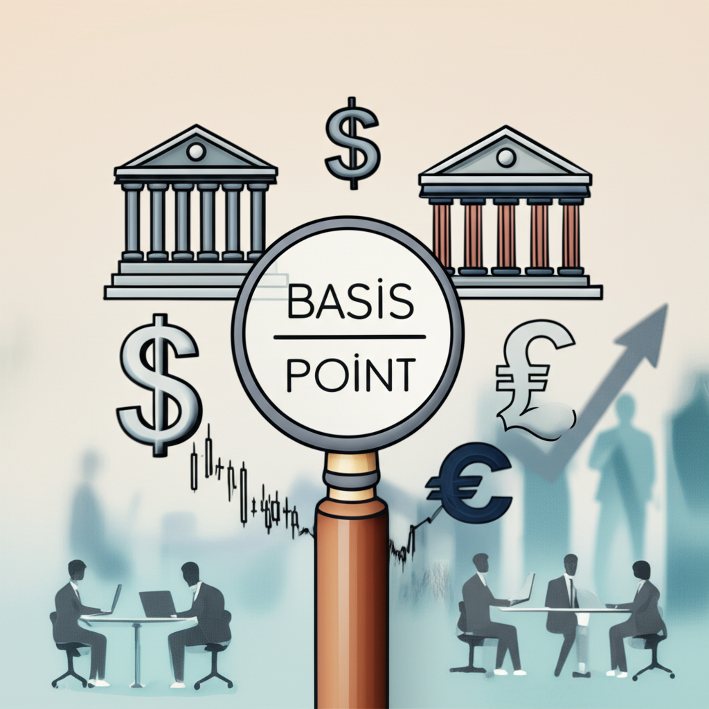 放大鏡聚焦基點單位,周圍環繞央行、債券市場與外匯交易符號,以及人們做財務決策的場景