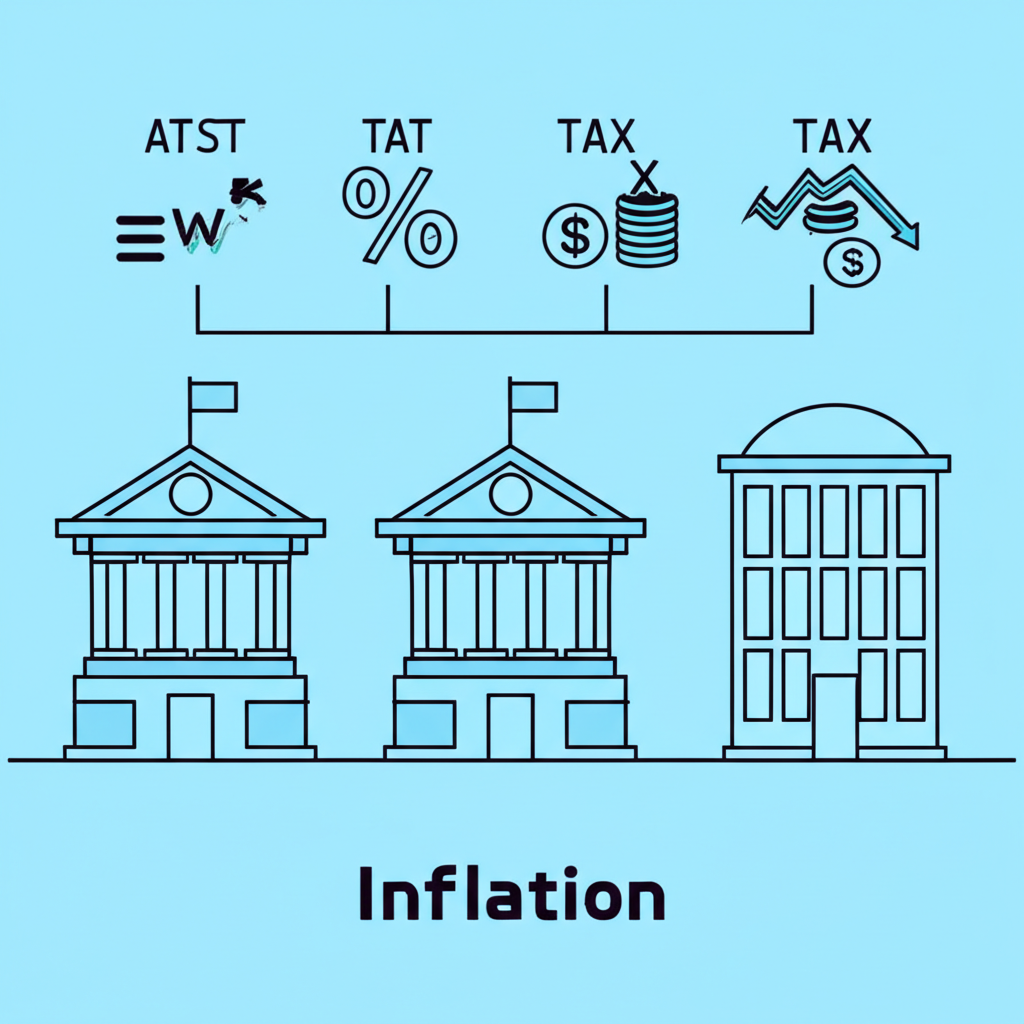 An illustration of a central bank and government building with policy tools like interest rates and taxes representing macro control against inflation