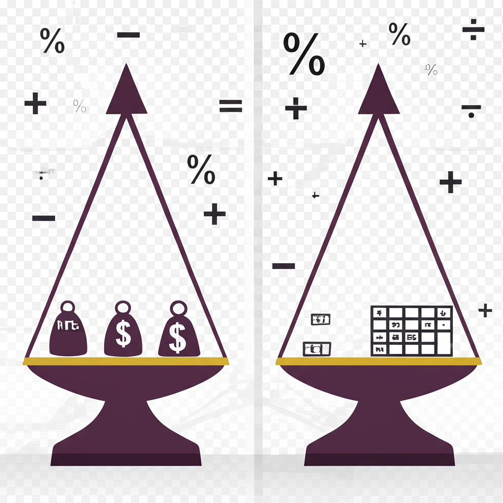 台灣股市與美股投資門檻比較圖示,一側重磅台股天平,另一側輕盈美股天平,伴隨貨幣符號與計算元素