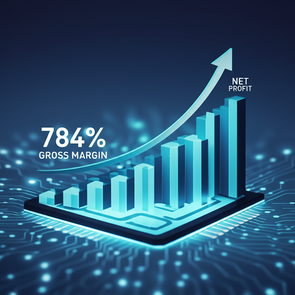 NVIDIA 強勁獲利能力,毛利率 78.4% 和淨利大幅增長的圖示,展示高效成本管理和高價值AI晶片銷售