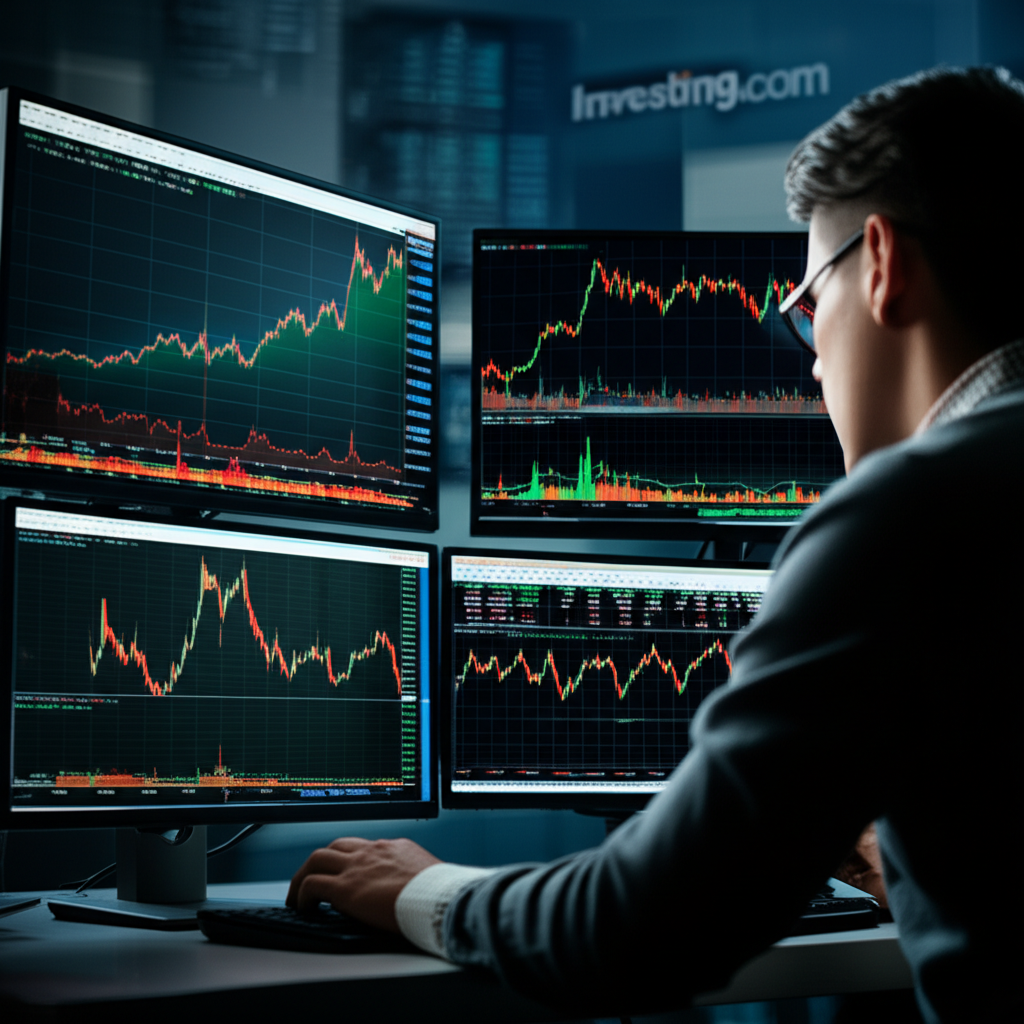 人觀看電腦螢幕顯示美債20年殖利率即時與歷史圖表，背景有Investing.com與FRED網站標誌