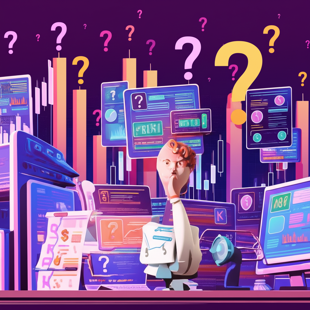 金融市場中的K棒圖表,投資者好奇觀察K線與問號元素,融合傳統金融與現代數位介面