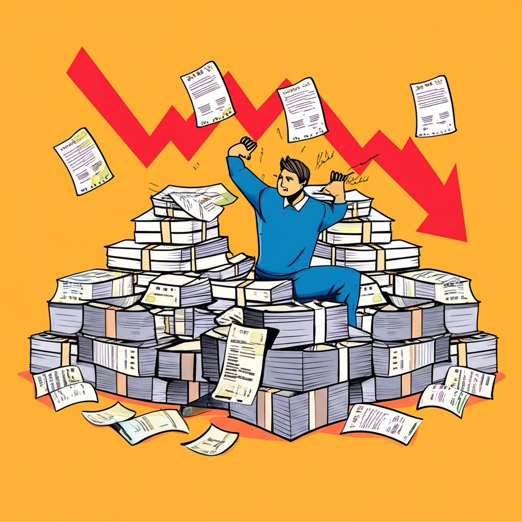 債務危機中掙扎的國家、企業或個人面對逾期帳單與下跌金融圖表