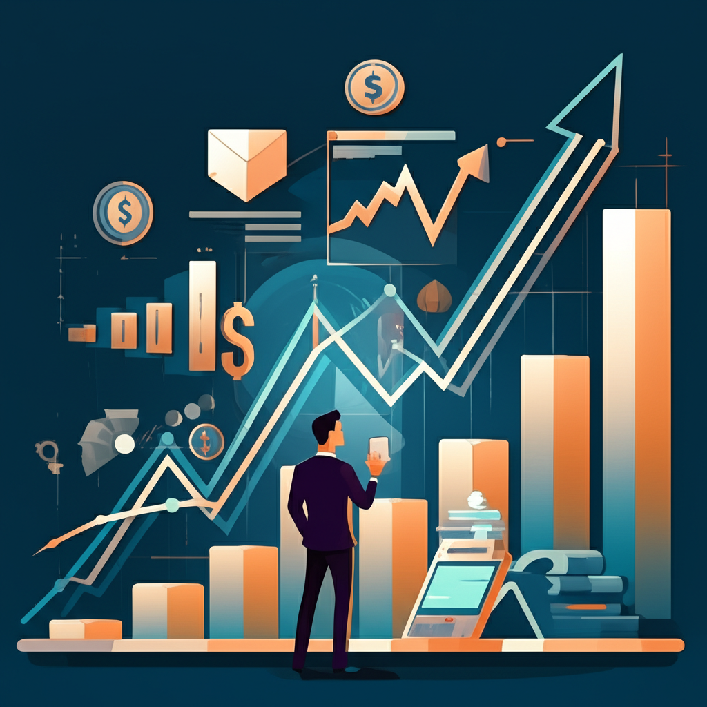 An illustration of a financial market with various investment tools a spotlight on a hybrid stock and bond instrument a person looking at a chart with both upward growth and stable lines illustration style