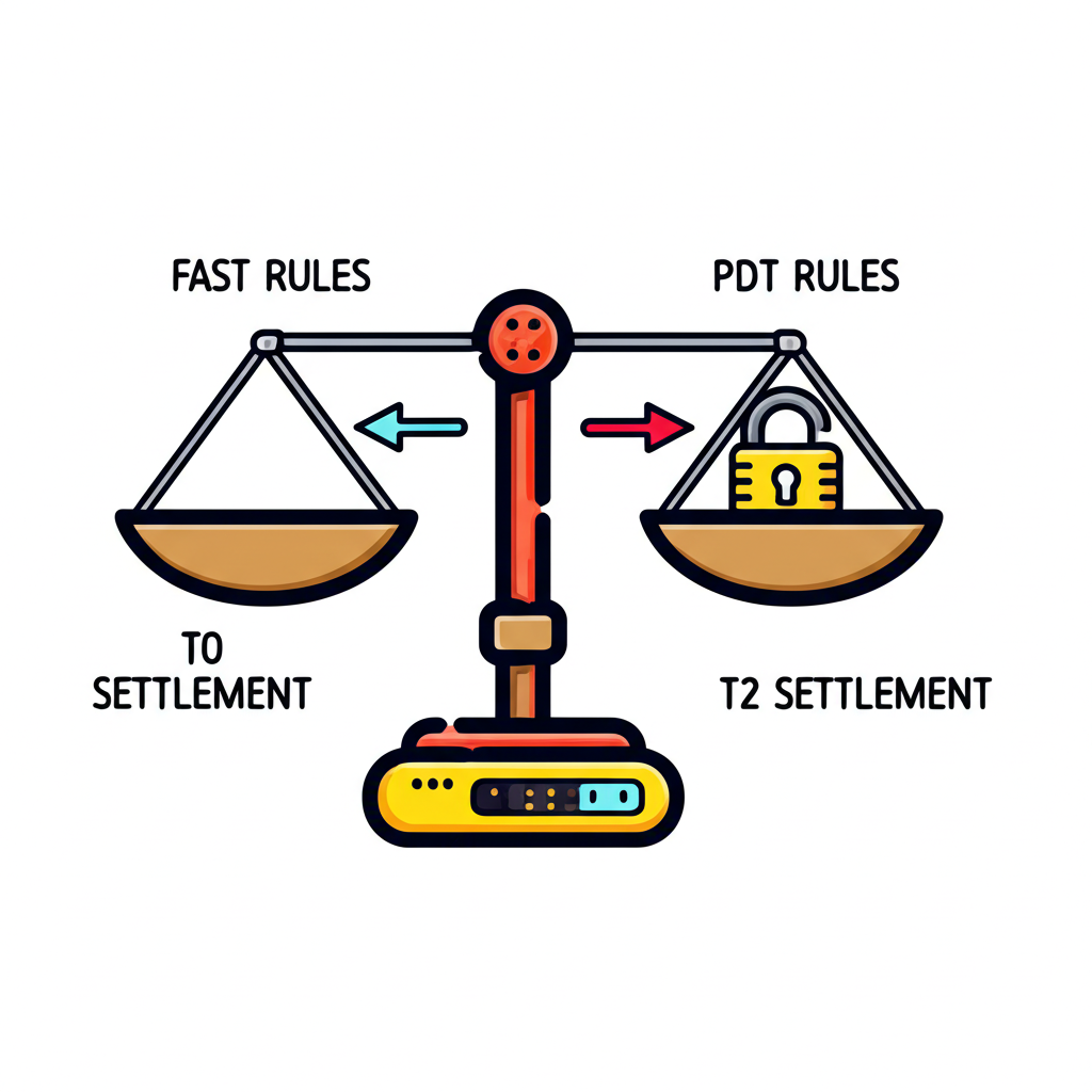 T0與T2結算比較圖，平衡秤顯示快速與緩慢箭頭及PDT規則鎖頭