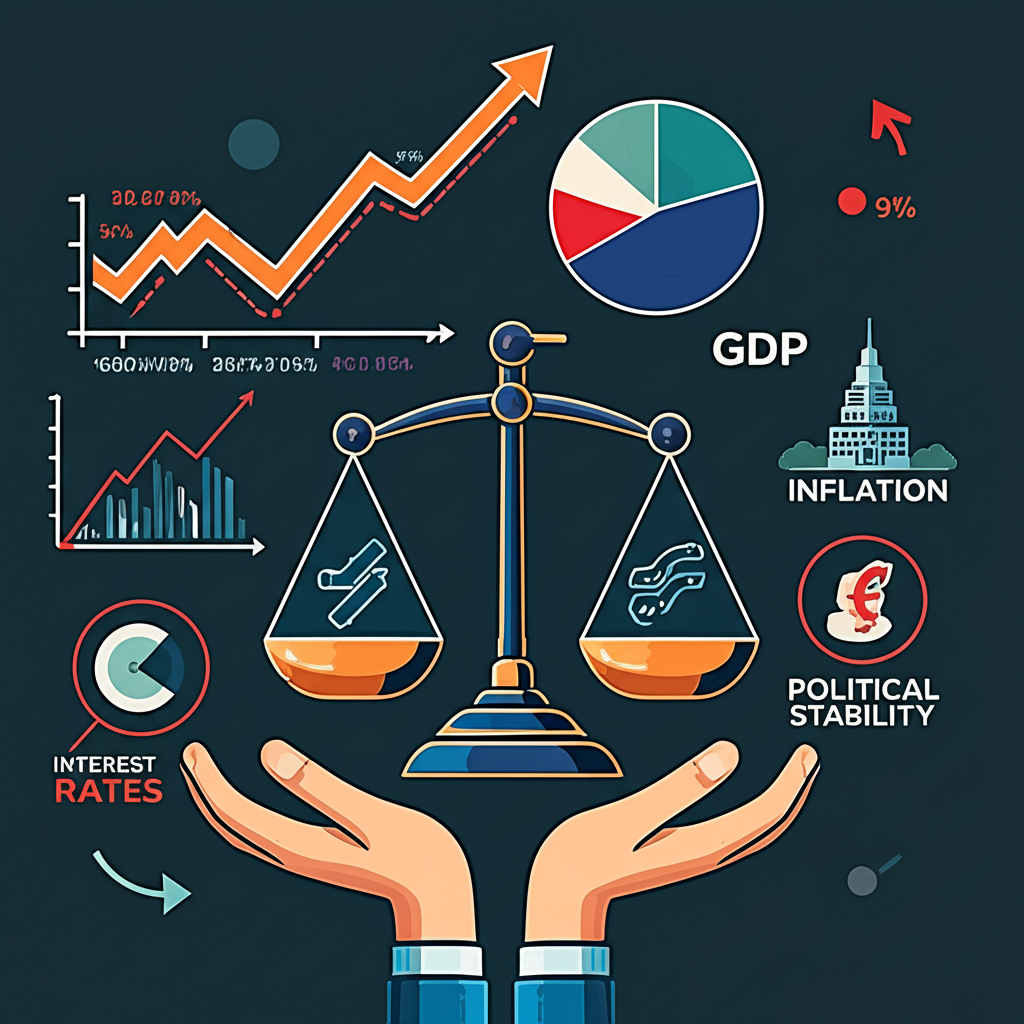 各種影響匯率的元素，包括利率、GDP、通膨圖表、政治穩定圖示，以及手持供需天平