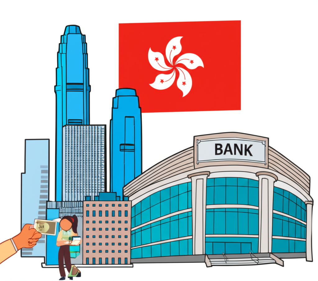 illustration of a Hong Kong cityscape with a bank building in foreground a person depositing HKD cash a bank officer conducting a detailed review a subtle Hong Kong flag in background