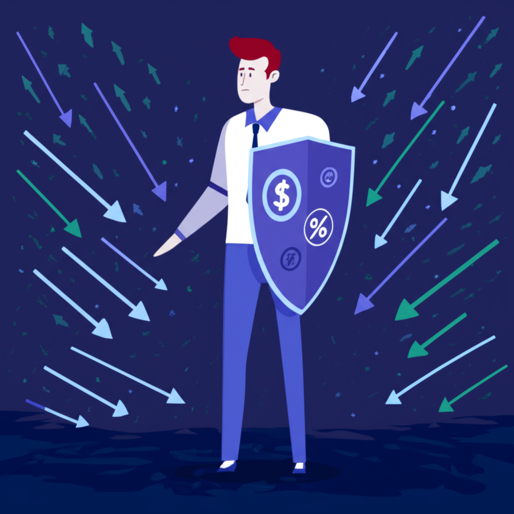 ภาพประกอบนักลงทุนที่สงบสติอารมณ์นำทางตลาดการเงินที่ปั่นป่วนด้วยโล่ป้องกันการลงทุน