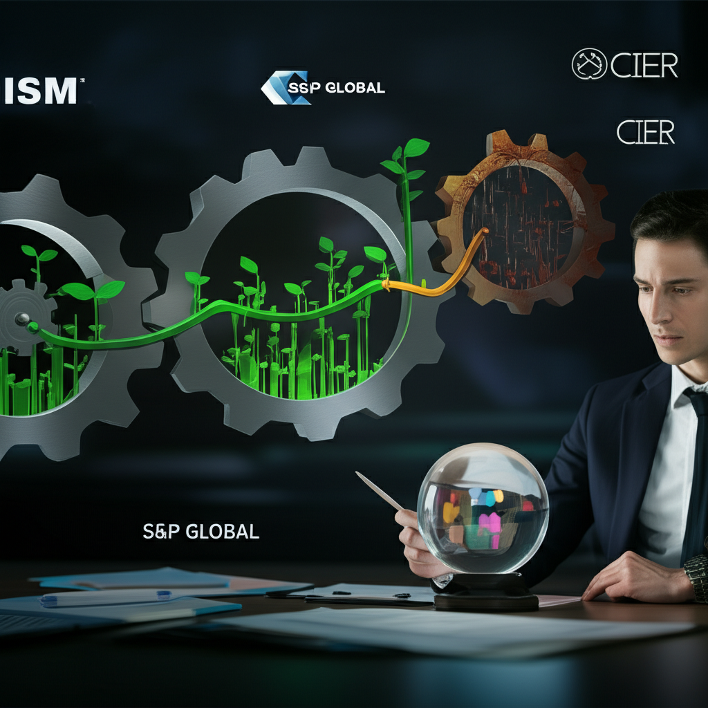 經濟擴張與收縮的齒輪轉動插圖,伴隨未來趨勢水晶球,背景有ISM、S&P Global與CIER標誌