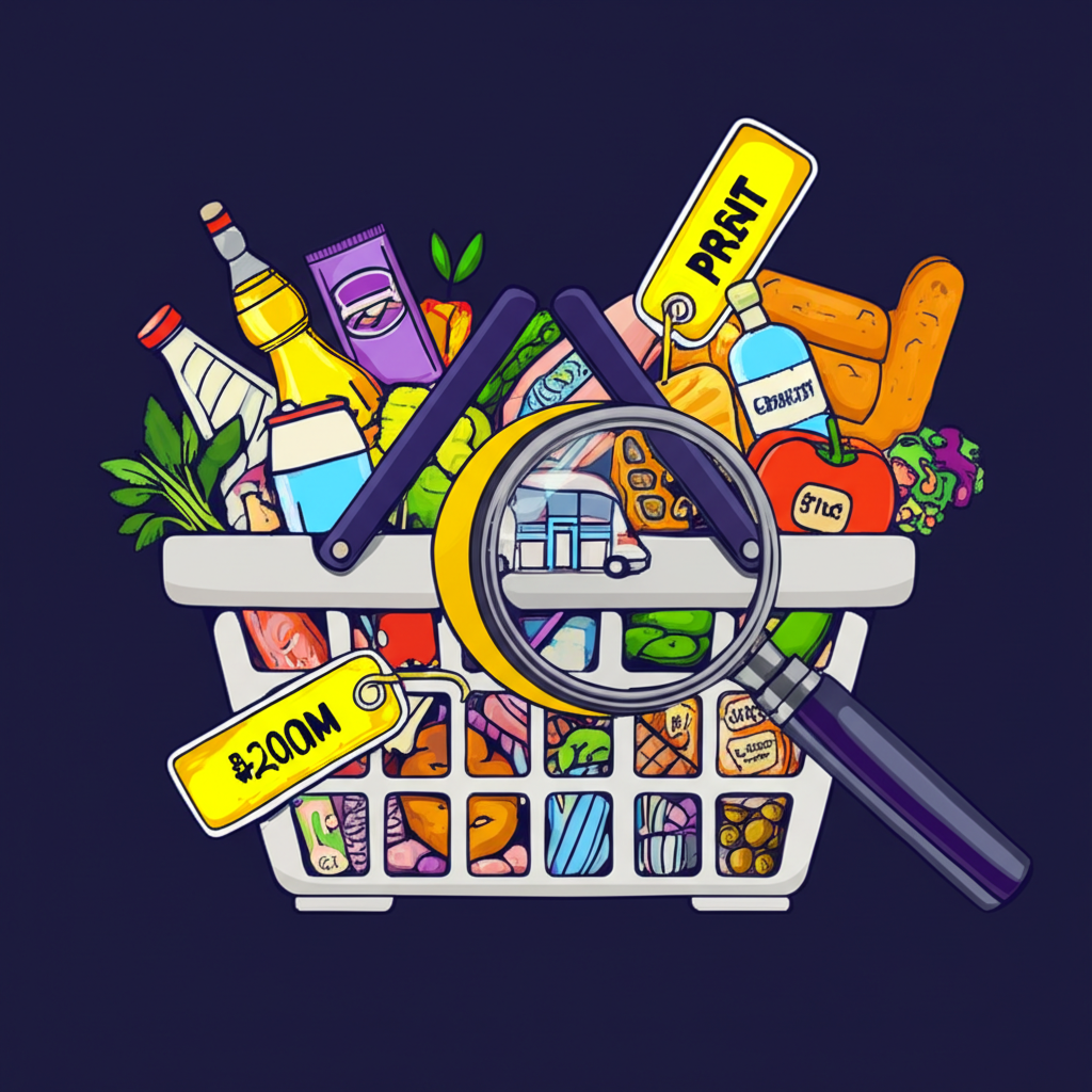 購物籃裝滿食物、租金和交通等商品與服務,放大鏡聚焦價格標籤隨時間變化,象徵CPI籃子的概念