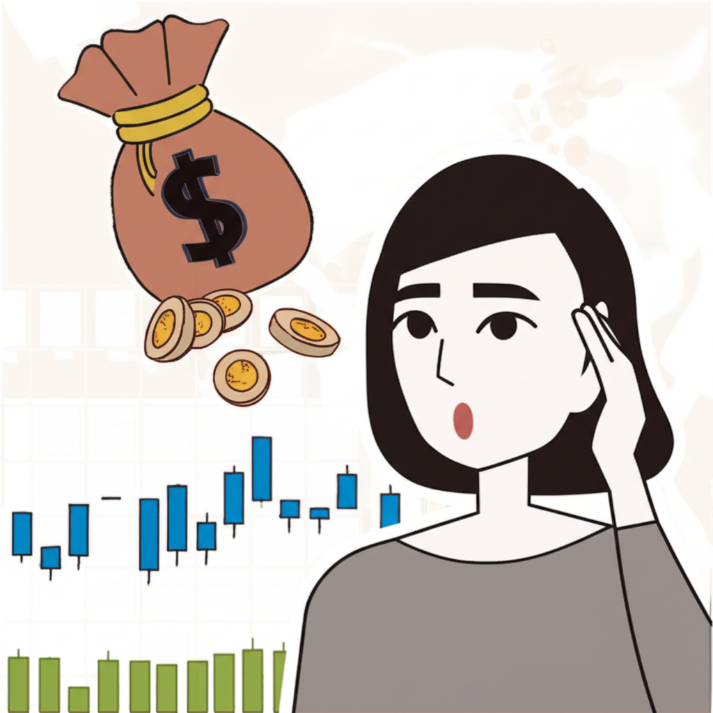 投資人困惑於複雜股票圖表與飛散隱藏費用插圖