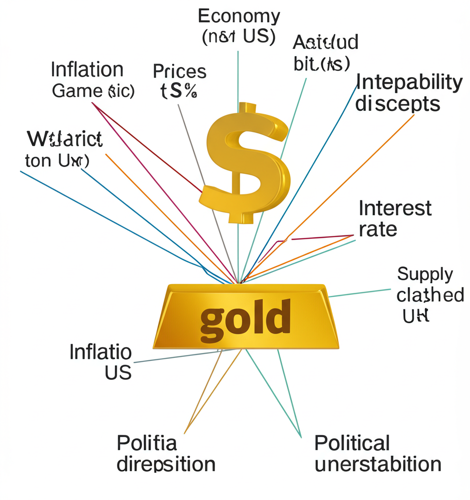 影響黃金價格的多重全球因素交織的插圖
