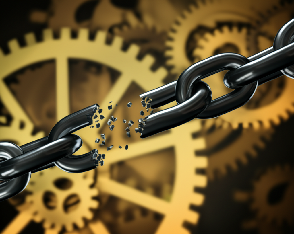 ภาพประกอบห่วงโซ่ที่ขาดแทนเหตุการณ์ผิดนัดชำระหนี้พร้อมเฟืองหมุนในพื้นหลัง