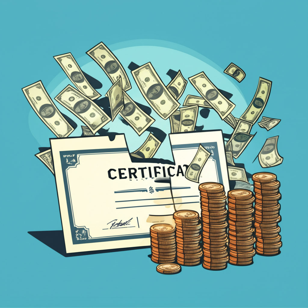 一張大型股票證書被切割成多個小塊,資金流入其中,代表零股讓亞馬遜和谷歌等高價股人人可及