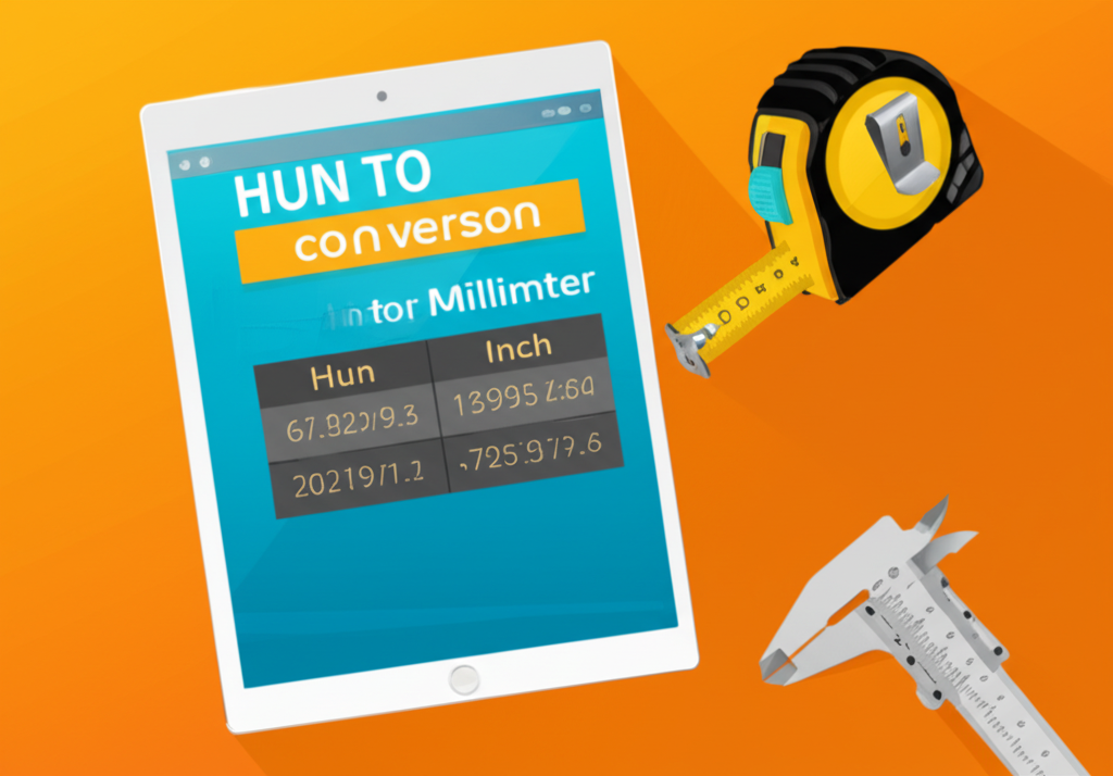 แท็บเล็ตดิจิทัลแสดงตารางแปลงหน่วยจากหุนเป็นนิ้วและมิลลิเมตร พร้อมคาลิปเปอร์และตลับเมตร