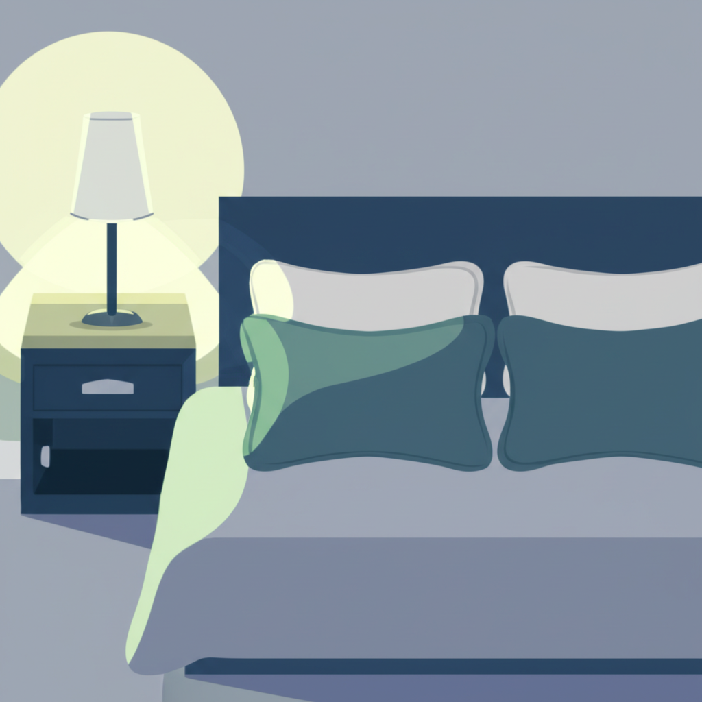 溫馨寧靜臥室插圖,柔和燈光舒適床鋪與舒緩色調,營造和平睡眠氛圍
