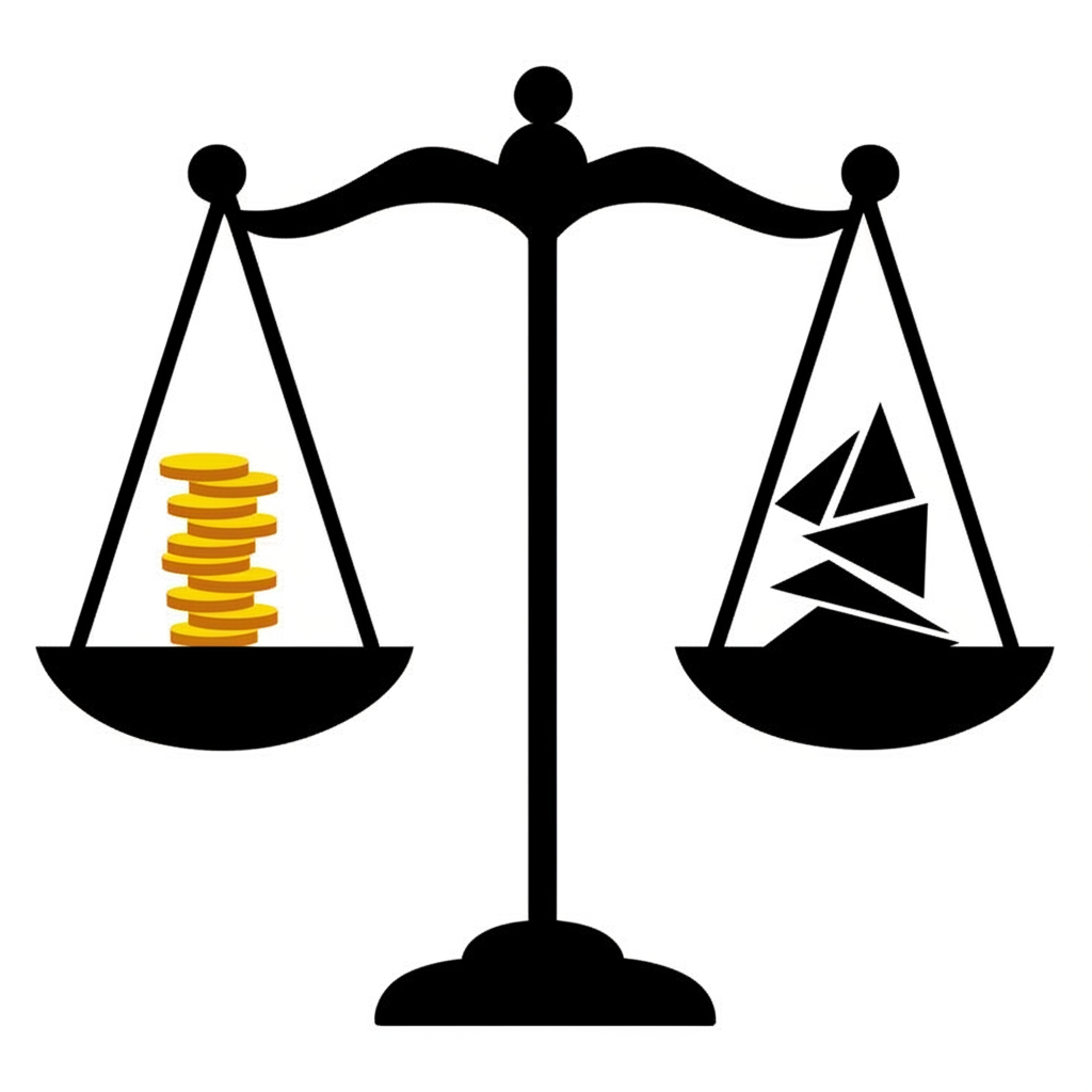 Illustration of a balanced scale showing high returns on one side and high risk on the other for investments