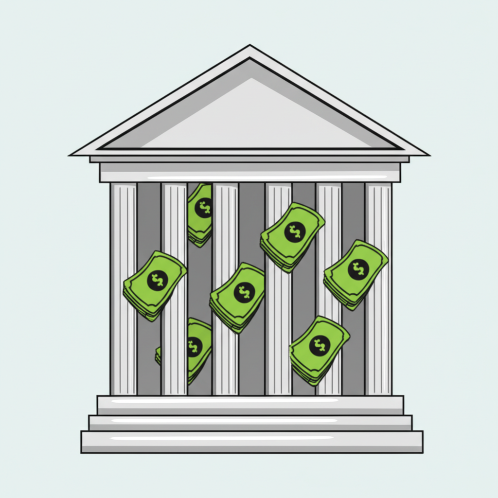 ภาพประกอบอาคารธนาคารที่แข็งแกร่งเป็นเสาหลัก เงินไหลเข้า-ออก สื่อถึงความเชื่อมั่นและเสถียรภาพ