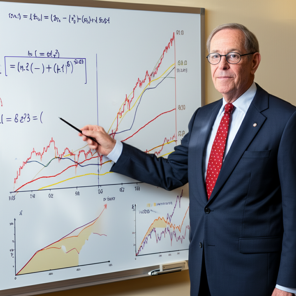 illustration a scholar William F Sharpe presenting a complex formula for risk adjusted returns with financial charts and graphs in the background