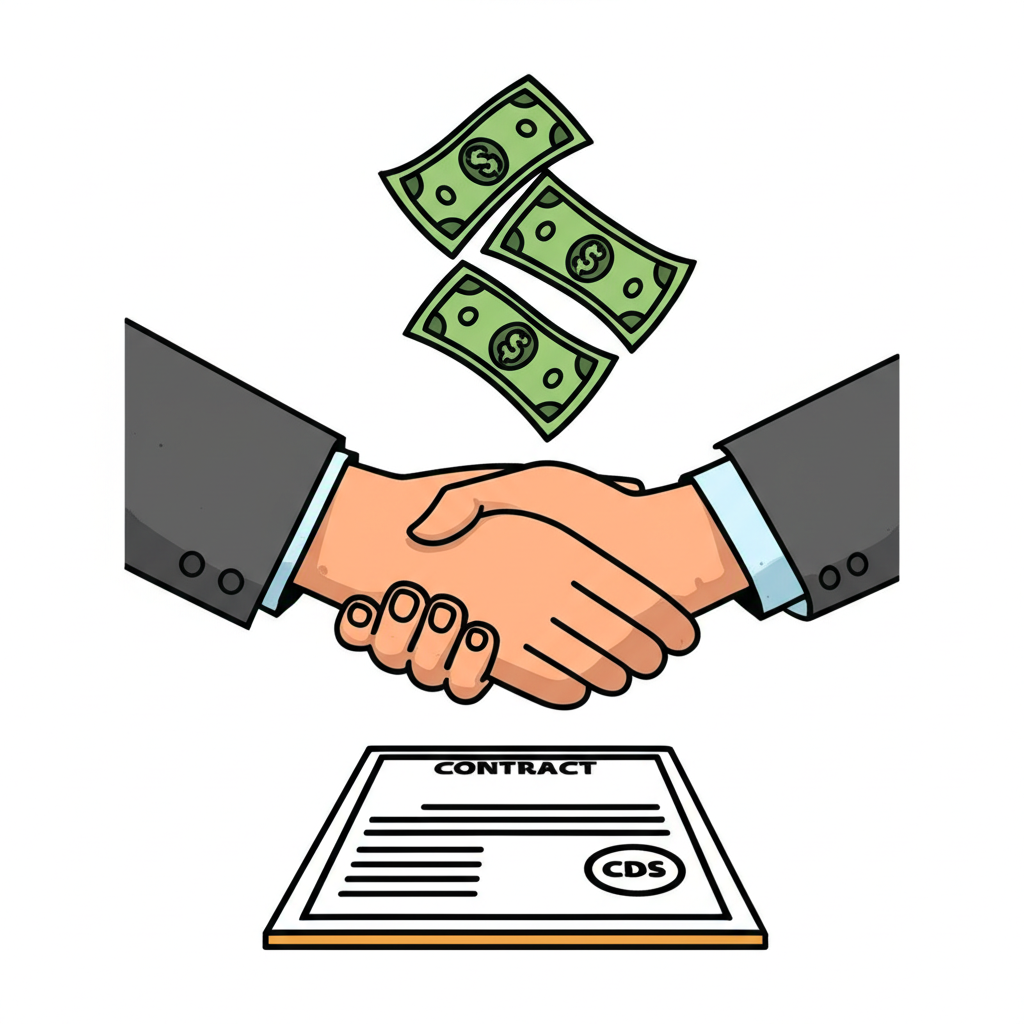 ภาพประกอบมือสองข้างจับมือเหนือสัญญาพร้อมเงินไหลจากฝ่ายหนึ่งไปอีกฝ่ายแทน CDS