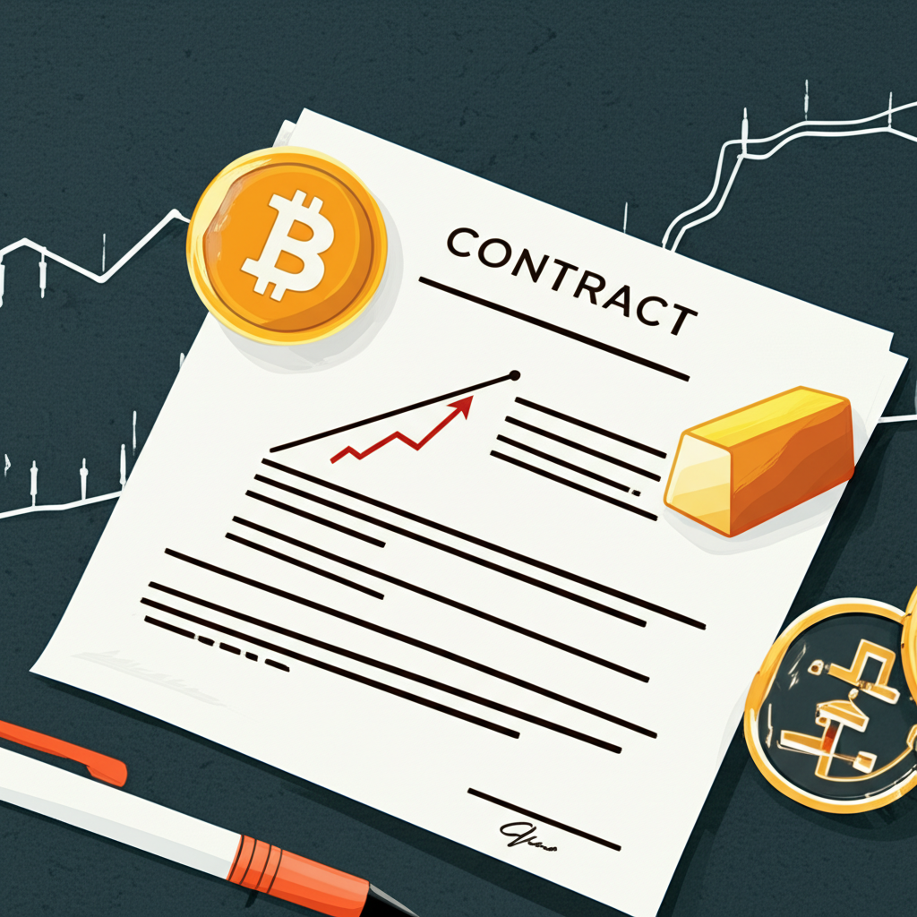 ภาพประกอบเอกสารสัญญาฟิวเจอร์สพร้อมกราฟแสดงหลักการอัตราทด และสัญลักษณ์สินทรัพย์อย่างหุ้น ทองคำ และคริปโต