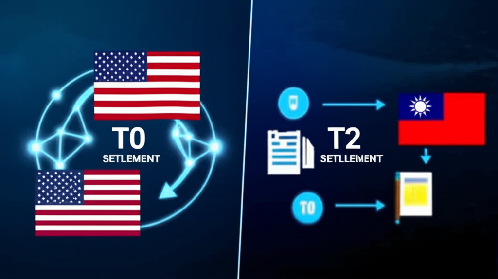 美股T0與台股T2結割系統比較圖，展示快速電子轉移與緩慢手動流程及美台旗幟