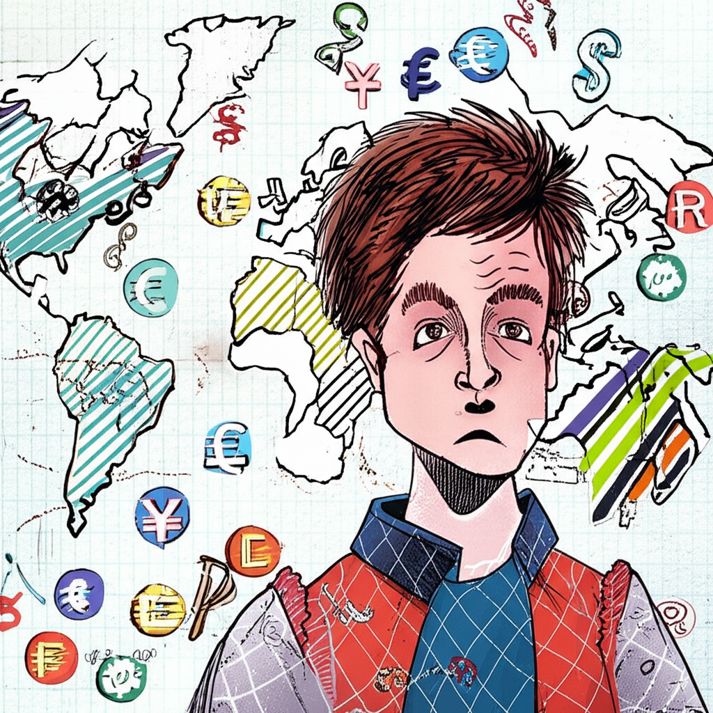 一位困惑的人盯著複雜的金融圖表和貨幣符號，背景是全球地圖，象徵外匯在日常生活中的神秘感