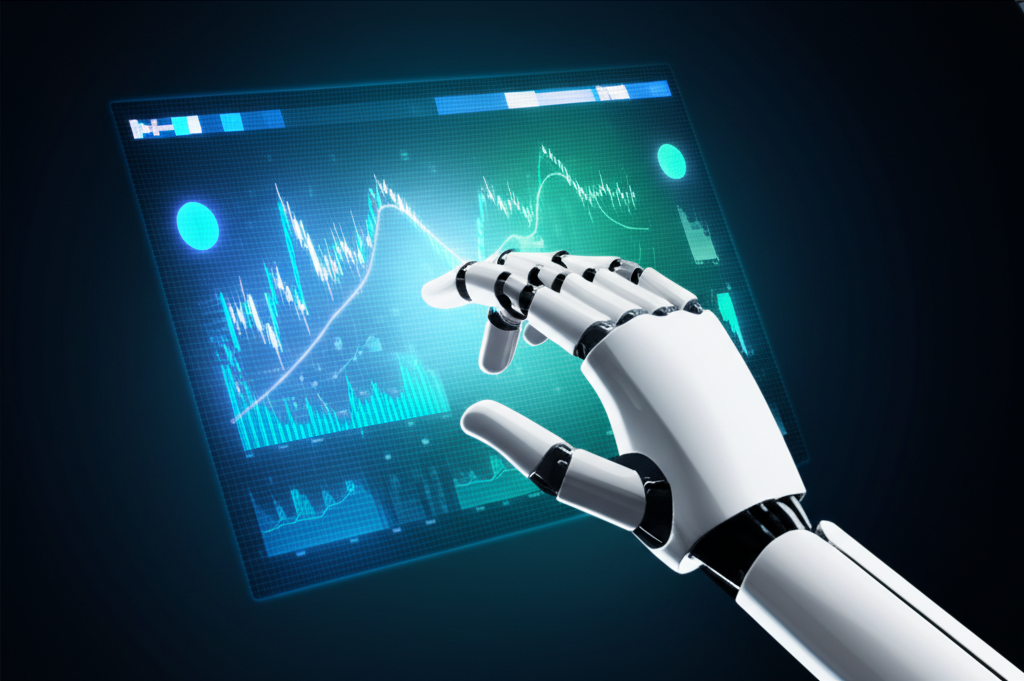 ภาพประกอบมือหุ่นยนต์ที่ดำเนินการคำสั่งเทรดอัตโนมัติบนหน้าจอ แสดงการจัดการความเสี่ยงอย่างเป็นระบบ