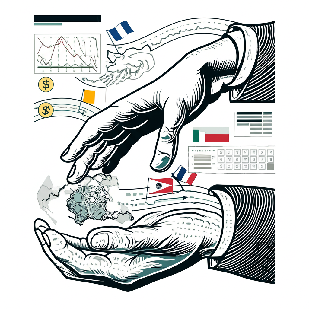 影響匯率的各種因素插圖,顯示聯準會大手、經濟數據圖表、地緣政治地圖及資金跨國流動