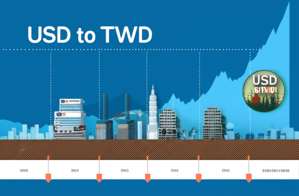 美元兌台幣匯率歷史走勢圖表插圖,顯示漲跌曲線、時間軸及重大經濟事件與台灣經濟成長