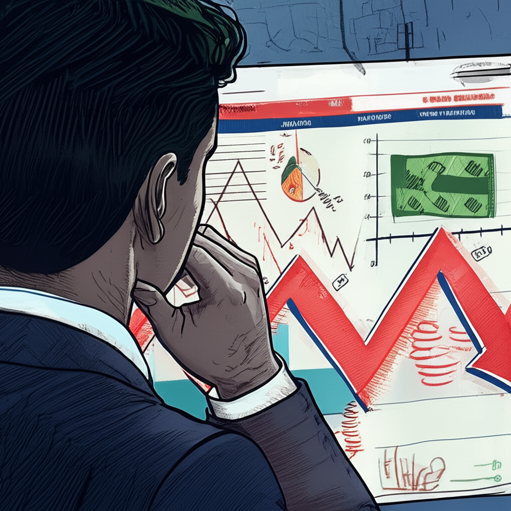 一個人注視著財務圖表,紅色向下箭頭象徵商業與個人生活中的損失,代表挑戰與決策過程,細膩而深思的風格
